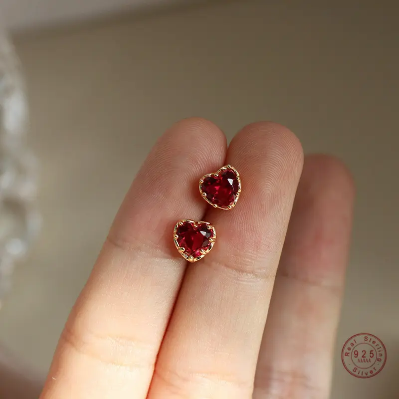 Crimson Muse Garnet Heart Stud Earrings in 14K Gold Vermeil - Romantic Alchemy Jewelry Set, Day-to-Night Versatile Charms for Modern Aphrodites