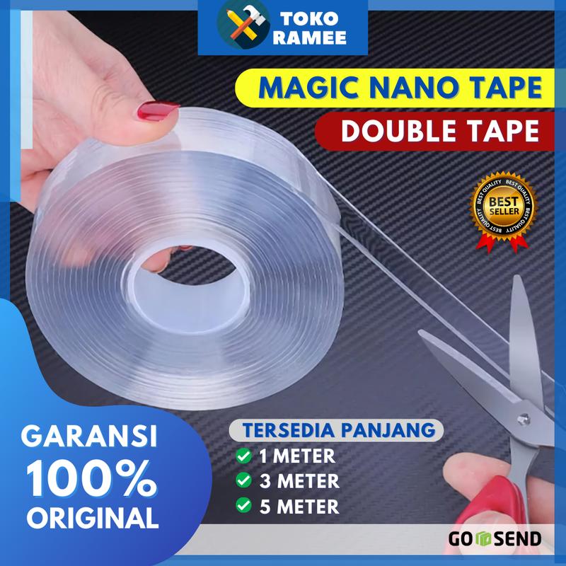 Lem Double / Doble Tape Nano Magic Tape Lakban Selotip Isolasi Tempelan Perekat 2 Sisi Double / Doubel / Dauble Tip Tipe Tap Tape 1M 3M 5M Bening Akrilik Acrylic Super Kuat Tanpa Bekas Dinding Serbaguna Multifungsi Waterproof Water Proof Bisa Dicuci 1