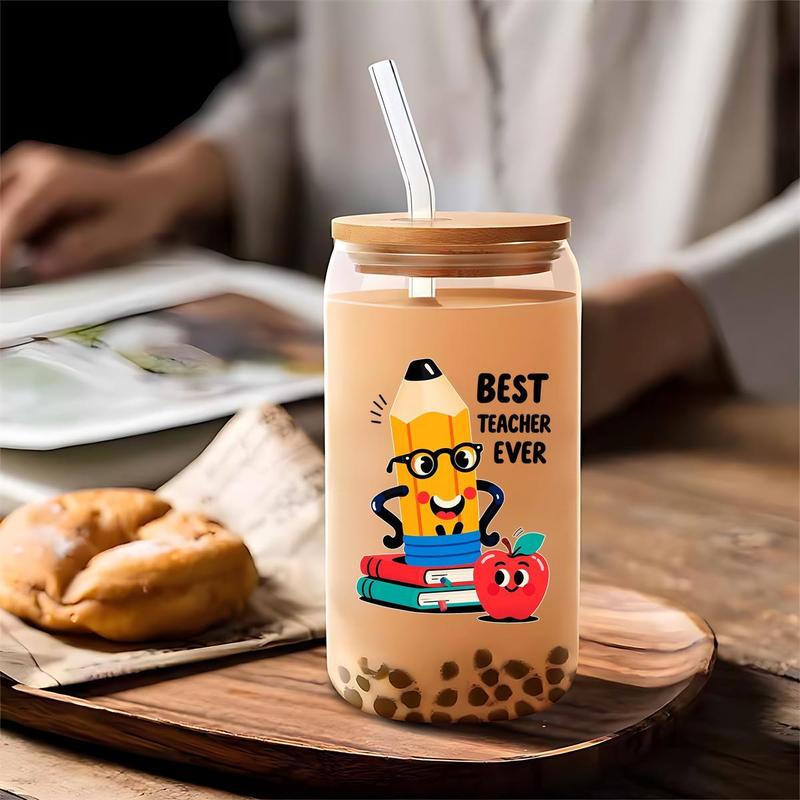 16oz Glass Cup with Straw & Brush, 1 Count Cute Cartoon Pattern Glass Cup, Drinking Cup for Home Office School, Gift for Teacher, Drinkware 3