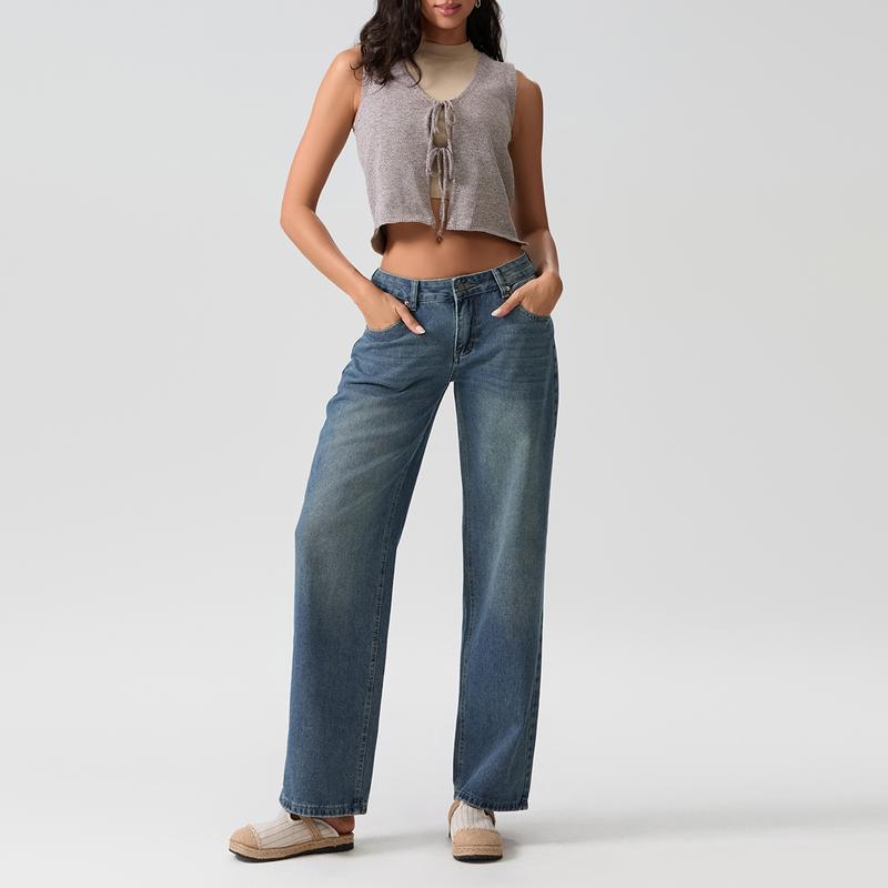 Product Introduction of Women Casual Low Rise Jeans Fashion Loose Straight Leg Denim Pants with Pockets for Summer Spring 52