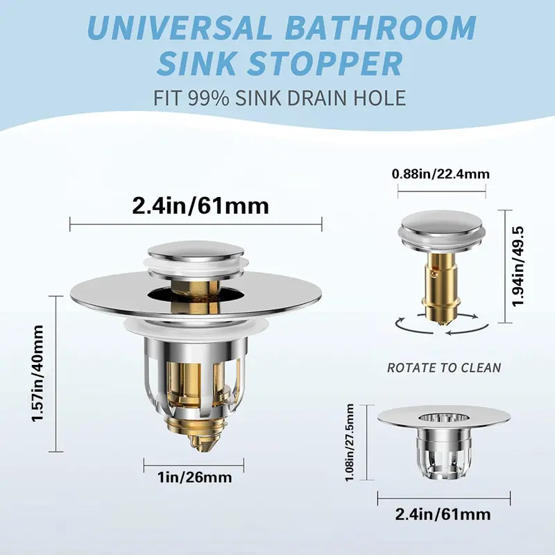Universal Bathroom Sink Stopper, 2 Counts Pop Up Bathroom Sink Drain Strainer with Anti-clogging Filter Basket, Bathroom Drain Stopper Sink Plug for Basin Drain Holes 1