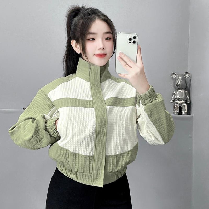 Áo khoác caro 2 da phối màu cổ trụ túi khóa kéo - Freesize 40-55kg - RTEE SHOP - Nữ Top Jacket Women Nâu 1