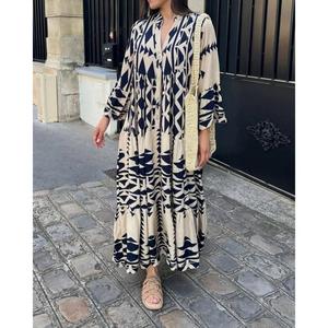 Gaun Panjang Bercetak, Gaya Kasual, Untuk Wanita, Pakaian Musim Bunga dan Musim Panas, Lengan Panjang, Gaun Berlipat, Fesyen, Gaun Bohemia Retro Casual Dress