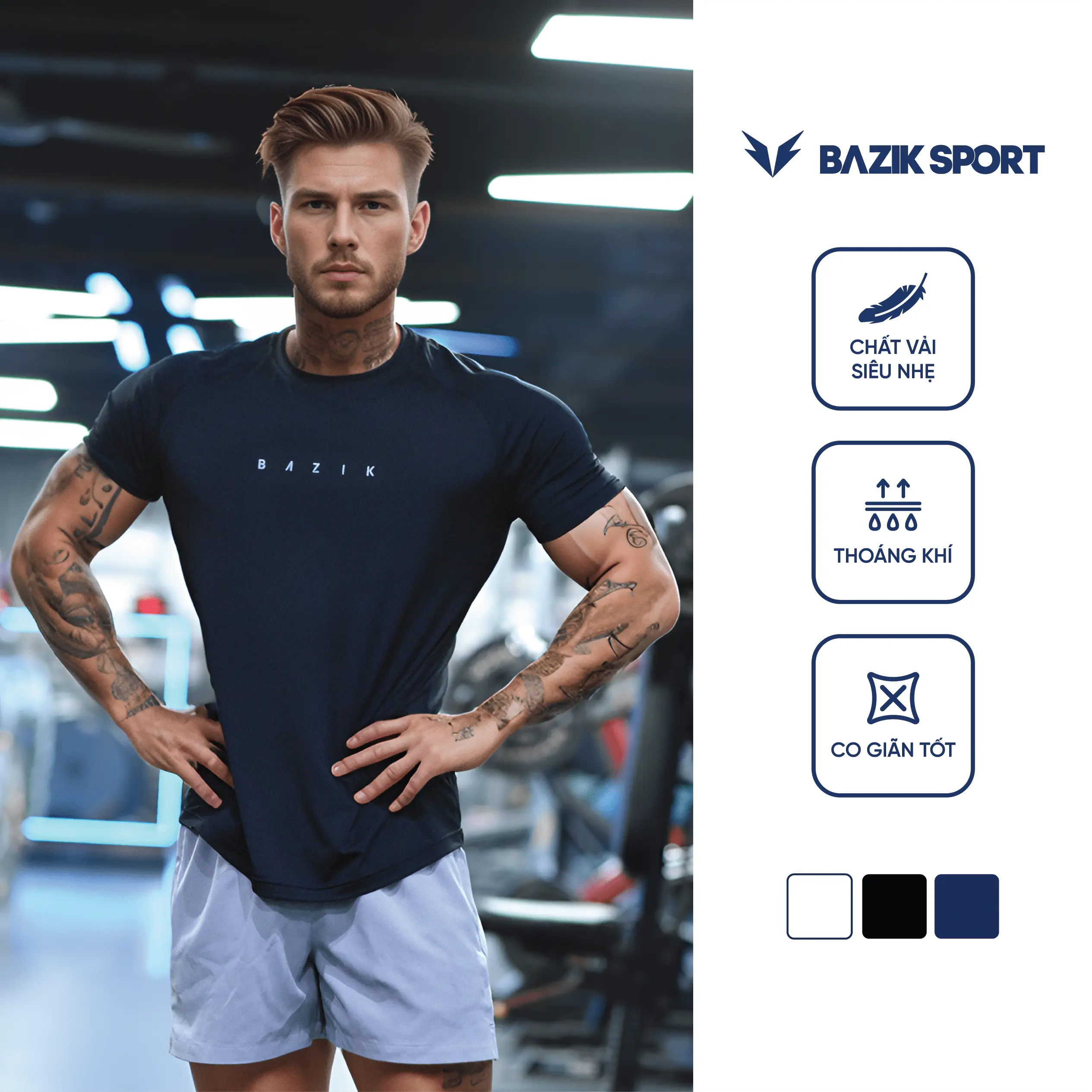Áo Thun Thể Thao Nam Ngắn Tay BAZIK Icon10 Relax Fit co giãn 4 chiều, vận động thoải mái, thoáng khí tập gym, pickleball