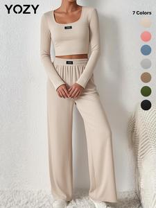 YOZY Letter Patched Crop Tee & Elastic Waist Pants Set, Casual Fashion Square Neck Long Sleeve T-shirt & Trousers, Fall Outfits, Winter Outfits, Sweatsuits Women, Womenswear
