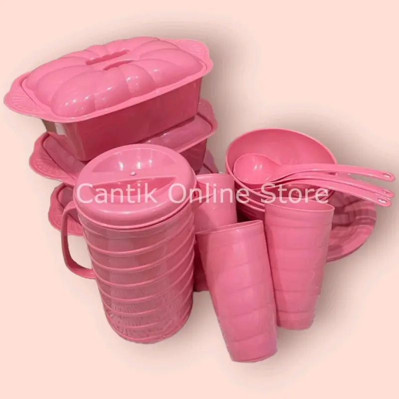 Prasmanan set isi 16 Pcs (3 Basi segi+3 Piring Makan+3 Mangkok+3 Gelas Ulir) Free Teko ulir BONUS 3 pcs Centong sayur Plastik 3