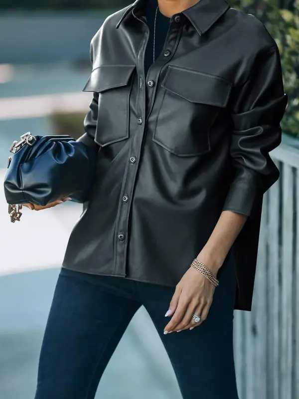 Women's Solid Button Front Pocket Faux Leather Jacket, Casual Drop Shoulder Long Sleeve Collared Outerwear for Fall & Winter, Ladies Clothes for Daily Wear 2