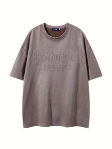 Camiseta de cuero suave para hombre estilo retro americano con bordado de letras, cuello redondo, holgada y cómoda, manga corta, ideal para el verano, prenda superior de moda para uso diario