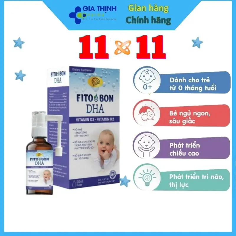Fito Bon Vitamin D3 K2 (MK7) Kết Hợp DHA Không Tanh Giúp Phát Triển Não Bộ, Thị Lực, Chiều Cao Tối Ưu Cho Bé Chai 20ml