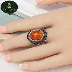 Berlala Alloy Fashion Amber Ring | Perhiasan Cincin Fashion Batu Ambar Bahan Alloy | Aksesoris Cincin Ambar Oranye bahan Alloy Retro Vintage