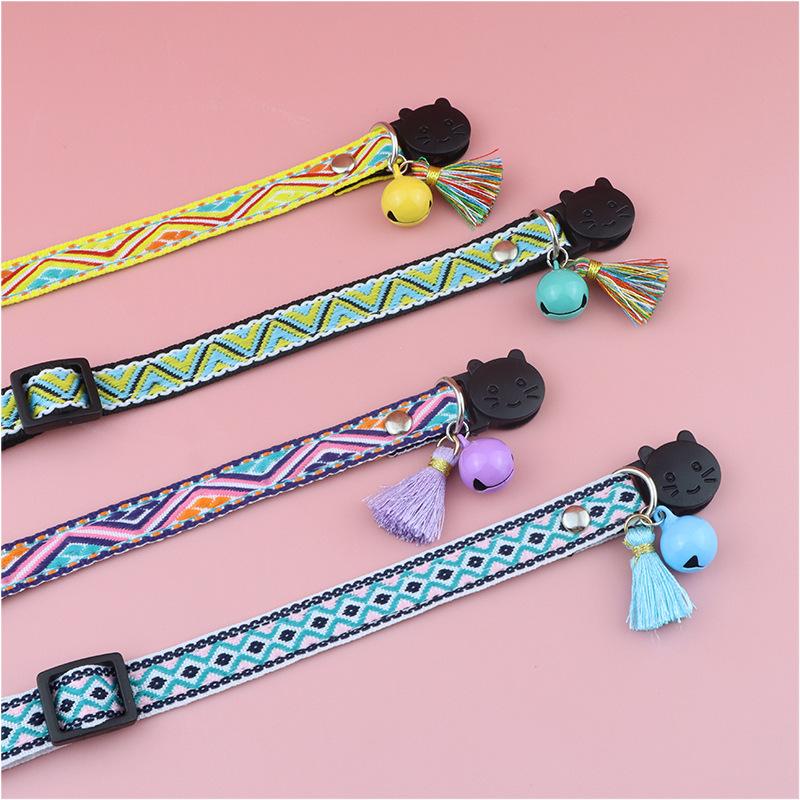 Product Introduction of Adjustable cat collar with tassels and bells embellished pet collar colorful plaid jacquard pattern for cat and dog collars 12