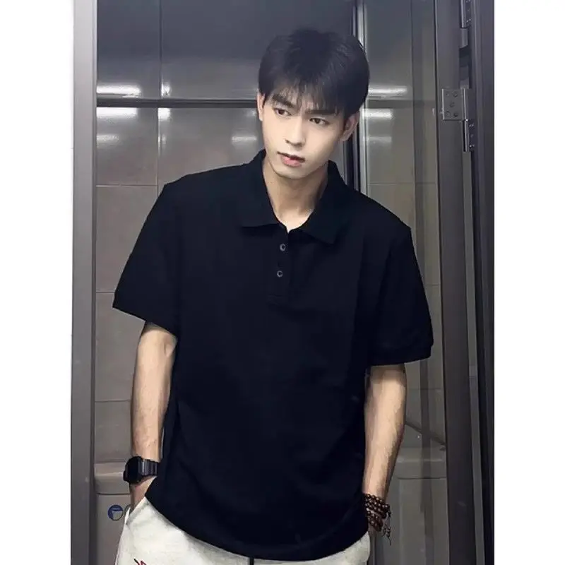 New Black Polo Collar Short Sleeve T-Shirt for Men Summer Mature Stable Cool Retro American Style Half Sleeve Business Top Hot Sale