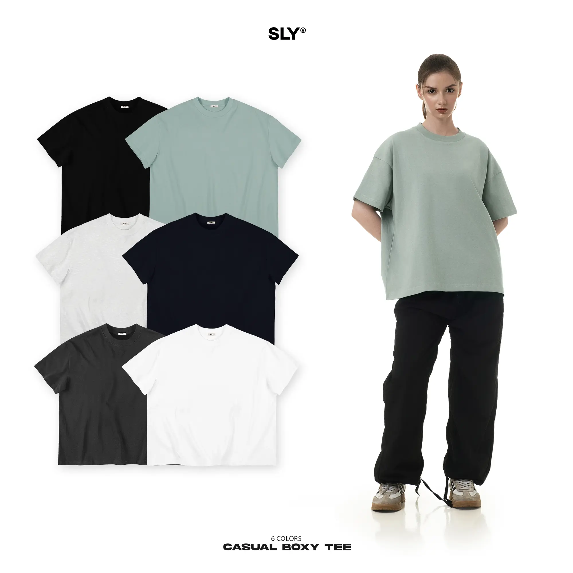 Áo thun trơn form BOXY Cổ Tròn Cotton SLY Casual Tee 6 màu Menswear Nam Nữ
