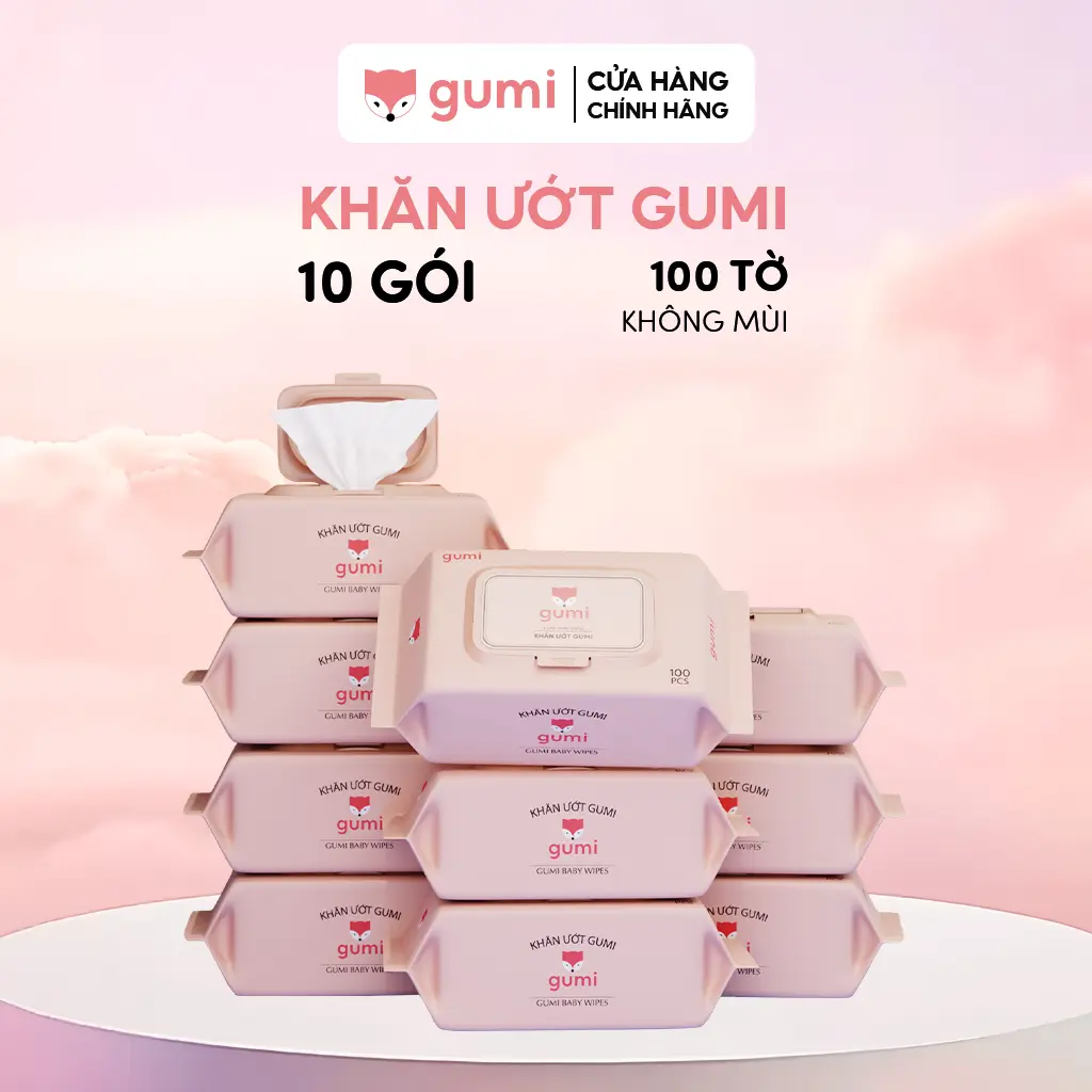 GU02- Thùng 10 gói khăn ướt Gumi không cồn không parabens cao cấp dành cho em bé.