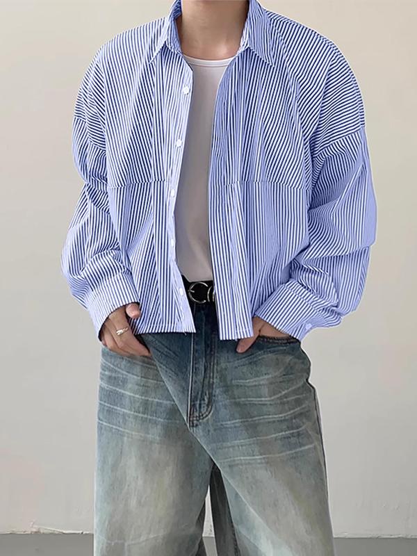 Men's Striped Print Button Front Shirt, Loose Casual Drop Shoulder Long Sleeve Collared Top for Daily Wear, Men's Clothes for All Seasons, Menswear 6