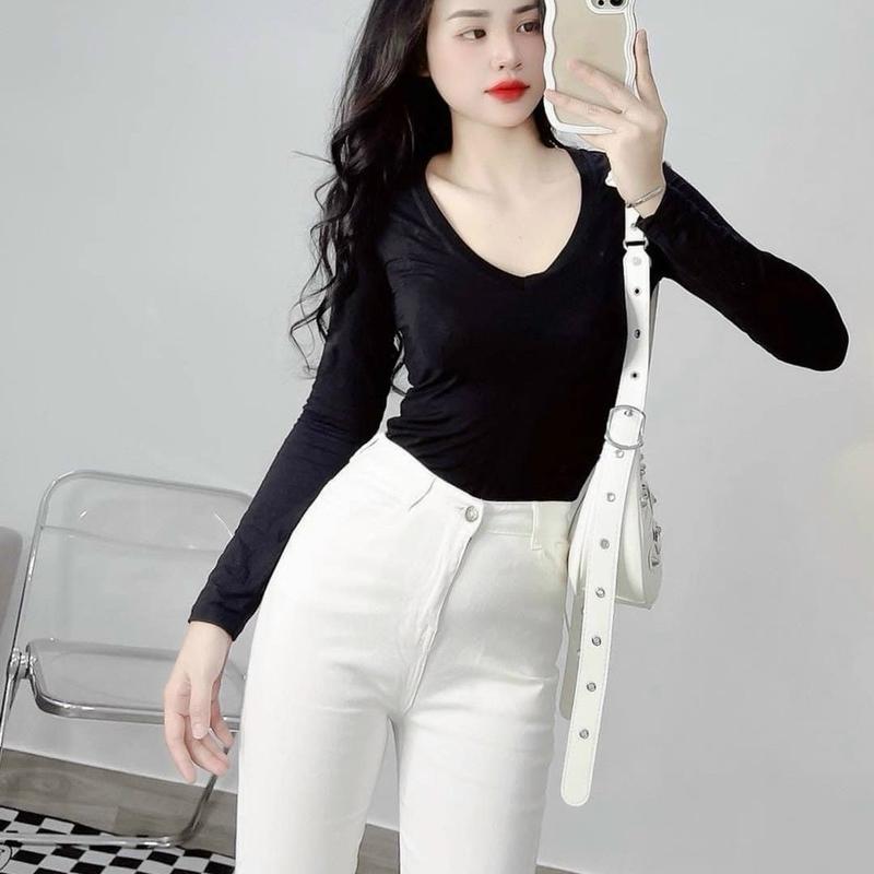 Áo thun cổ tim tay dài chất thun mịn (thun lạnh) co giãn mềm mịn ,form ôm body dáng dài tôn dáng 0