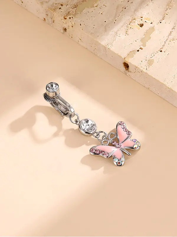 Rhinestone Butterfly Charm Fake Belly Button Ring, Women Belly No Piercing Body Jewelry, for Crop Top Decor 2
