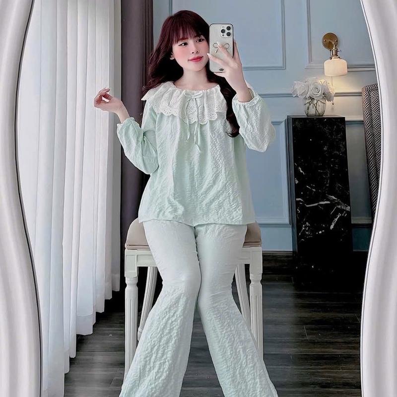 Bộ ngủ dài tay Đũi Xô Mềm Mỏng nhẹ, Đồ bộ mặc được 2 kiểu trễ vai và cổ tròn tiểu thư cho nữ, Pijama thiết kế bèo ren xinh iu ở cổ Áo