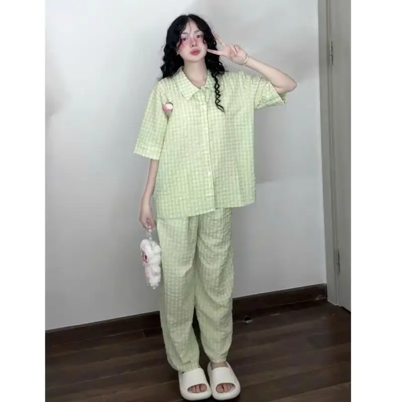 Bộ Ngủ Nữ  Tay Cộc Quần Dài , Bộ Pyjama Kẻ Caro Nhiều Màu Phong Cách Hàn Quốc Chất Đũi Nhăn Mịn Mát ( Kèm Charm ) 6