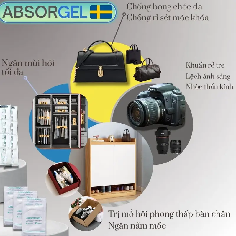 Gói Hút Ẩm Chống Mốc Khử Mùi Hôi Giày Túi Ví Da Chống Chân Rễ Máy Ảnh Bảo Vệ Tủ Quần Áo AbsorGel 3