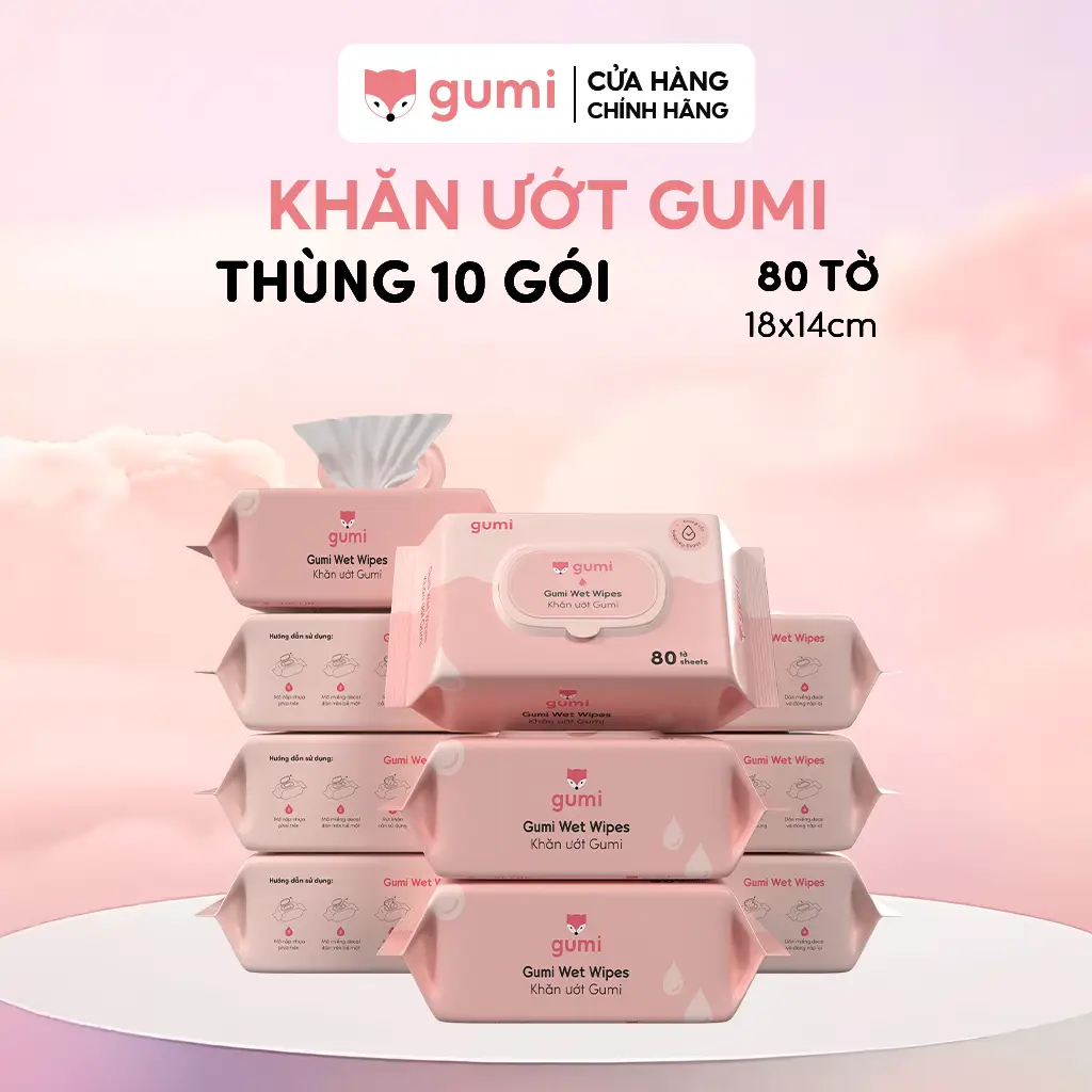 (Mall) Thùng 10 Gói Khăn Uớt 80 Tờ Gumi Không Cồn Không Parabens Cao Cấp Dành Cho Em Bé