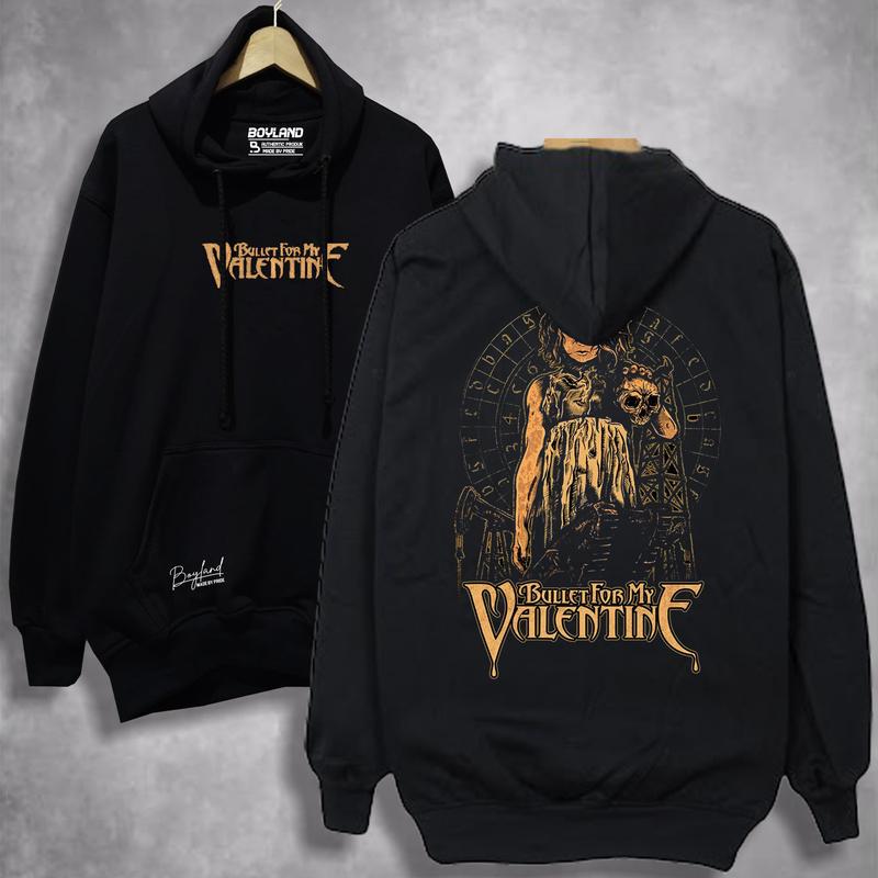 BoyLand Hoodie Pria Sablon Musik BULLET FOR MY VALENTINE Hitam Unisex Cowok Cewek Sweater Cowo Oblong Basic Casual Authentic Distro Motif Sablon Warna Hitam Tangan Panjang Fleece Tebal Lembut Santai nyaman Pria Wanita Outdoor Band Garis Keren Bulat Bulu 1