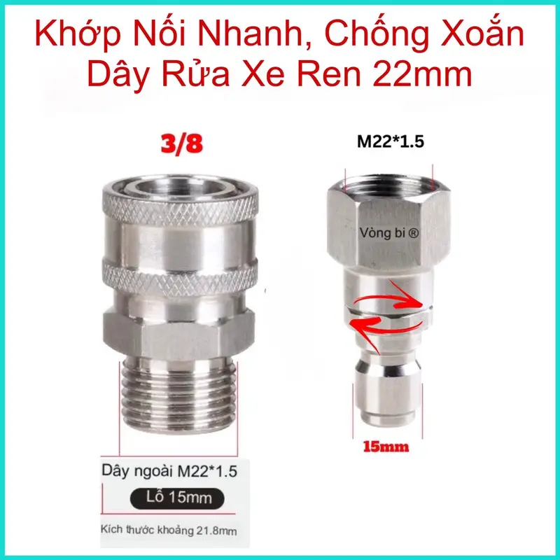 Khớp Nối Nhanh, Chống Xoắn Dây Rửa Xe 3/8 Inox Ren 22mm Phụ Kiện 0