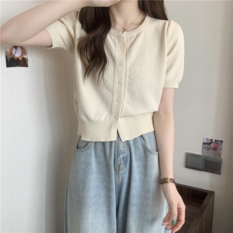 Product Introduction of Áo Thun ngắn Tay Phong Cách Mới Mùa Hè, Cổ Chữ O, Dễ Phối Đồ Dành Cho Nữ, Ngắn Ngắn Tay, Một Hàng Cúc, Áo Cardigan Dệt Kim, Đơn Giản 16