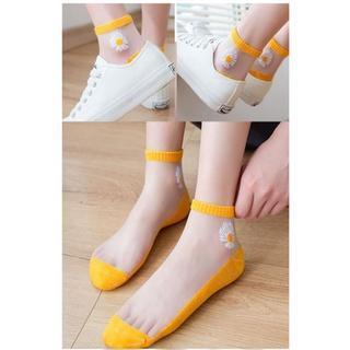 Woomy KK211 Kaos Kaki Wanita Pendek Semata Kaki Motif Bunga Daisy Transparan Socks Korean Fashion Bahan Nylon Nyaman Panjang Tipis Ankle 3