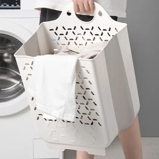 ￼Giỏ Đựng Quần Áo Bẩn Nhà Tắm Thiết Kế Tay Cầm Treo Tường Có Thể Gấp Gọn Chất Liệu Nhựa Dẻo Kèm Miếng Dán 4