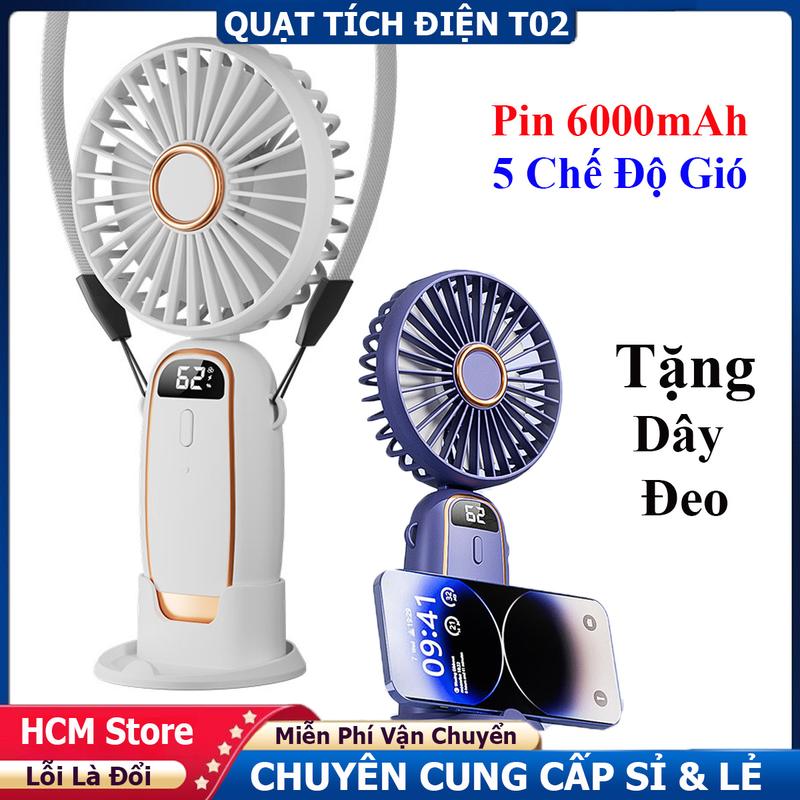 Quạt Tích Điện Mini T02 Nhỏ Gọn, Pin 6000mAh Dùng 6-9 Tiếng, Màn Hình LED - Tặng Dây Đeo Và Chân Đế