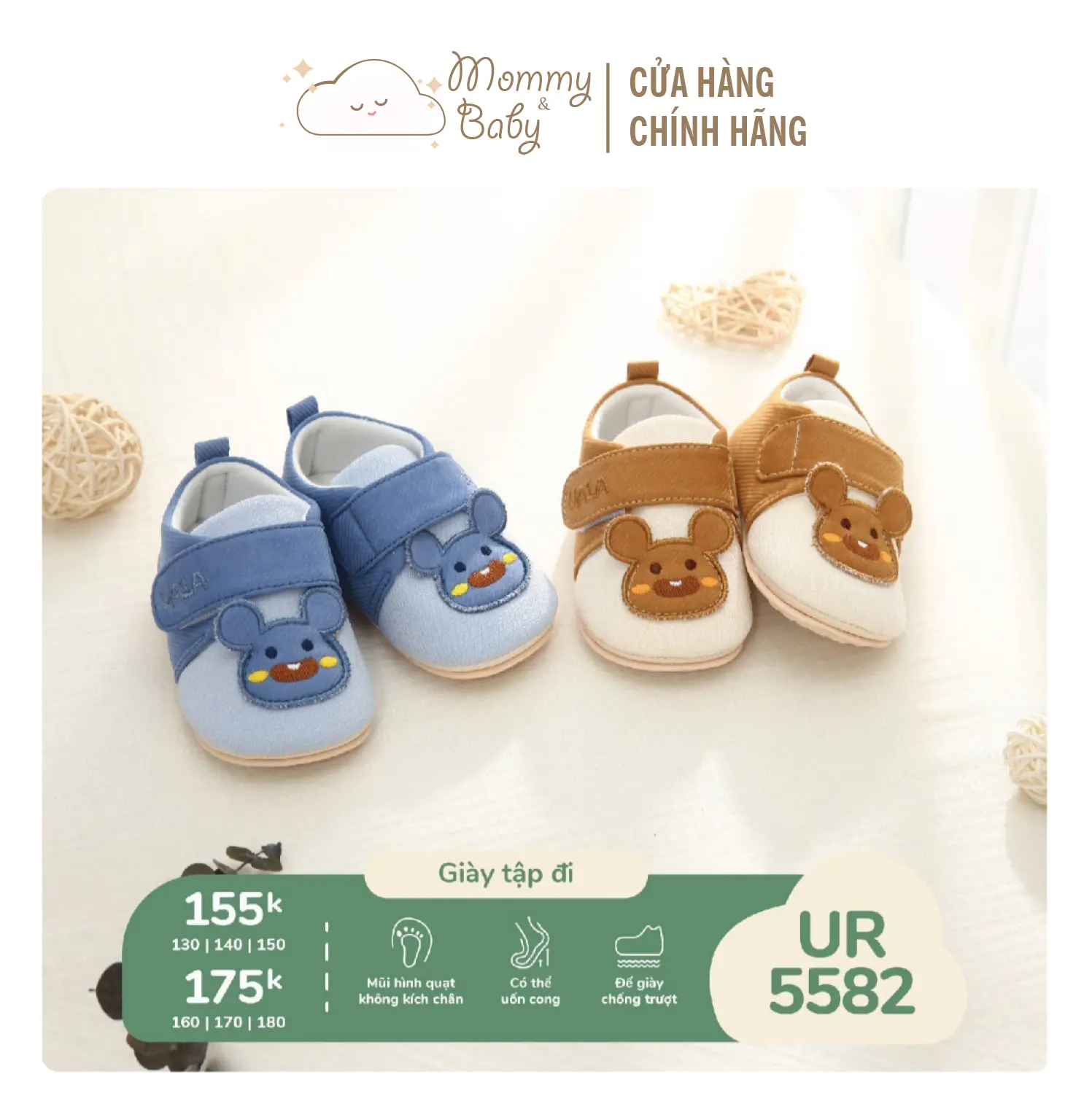 Giày tập đi cho bé Ualarogo hình động vật dễ thương đế cao su chống trượt an toàn quai dán điều chỉnh rộng chật 5582