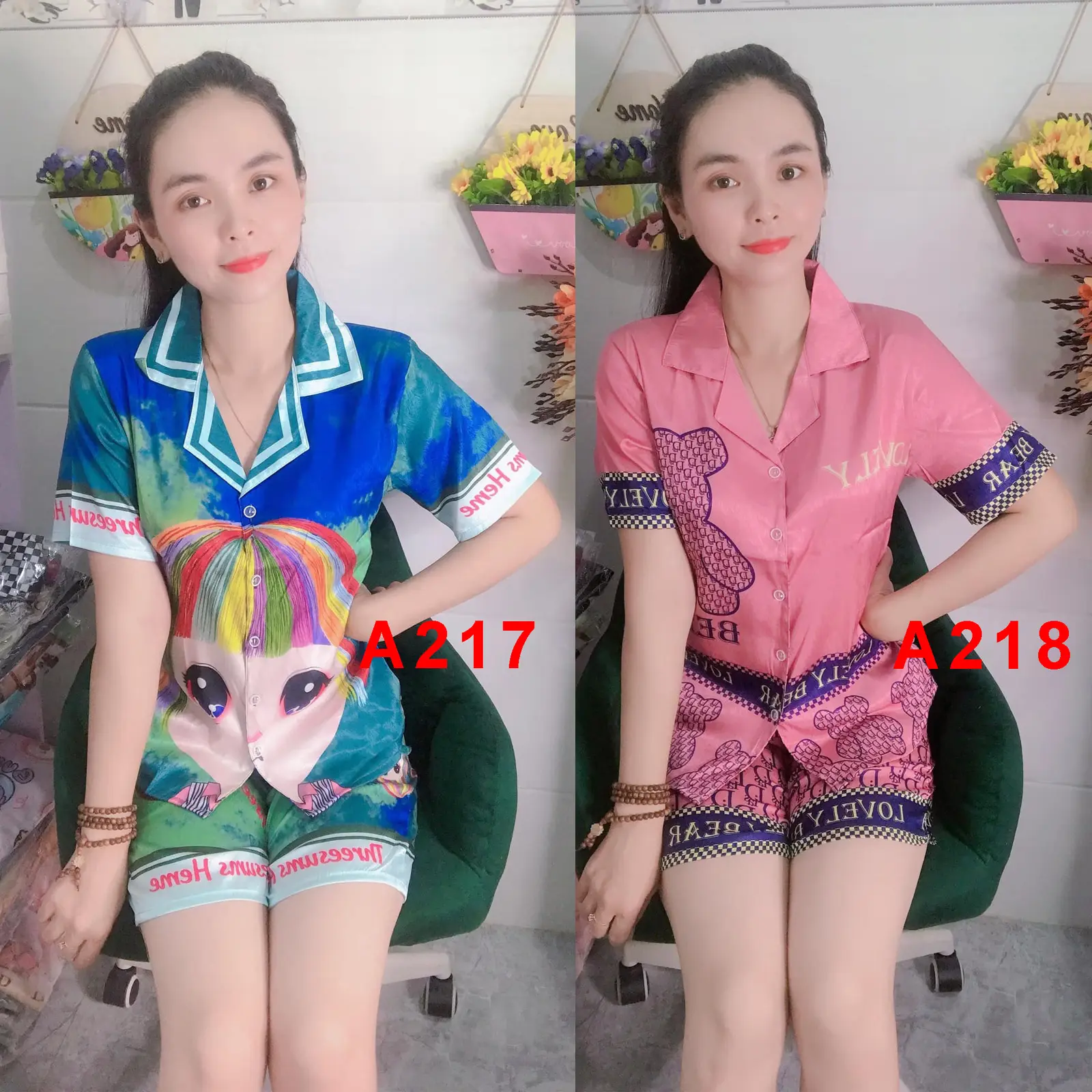 (38-70kg) Đồ bộ ngủ dành cho nữ cổ tròn tay ngắn quần cộc lụa xước ánh kim 38-70kg