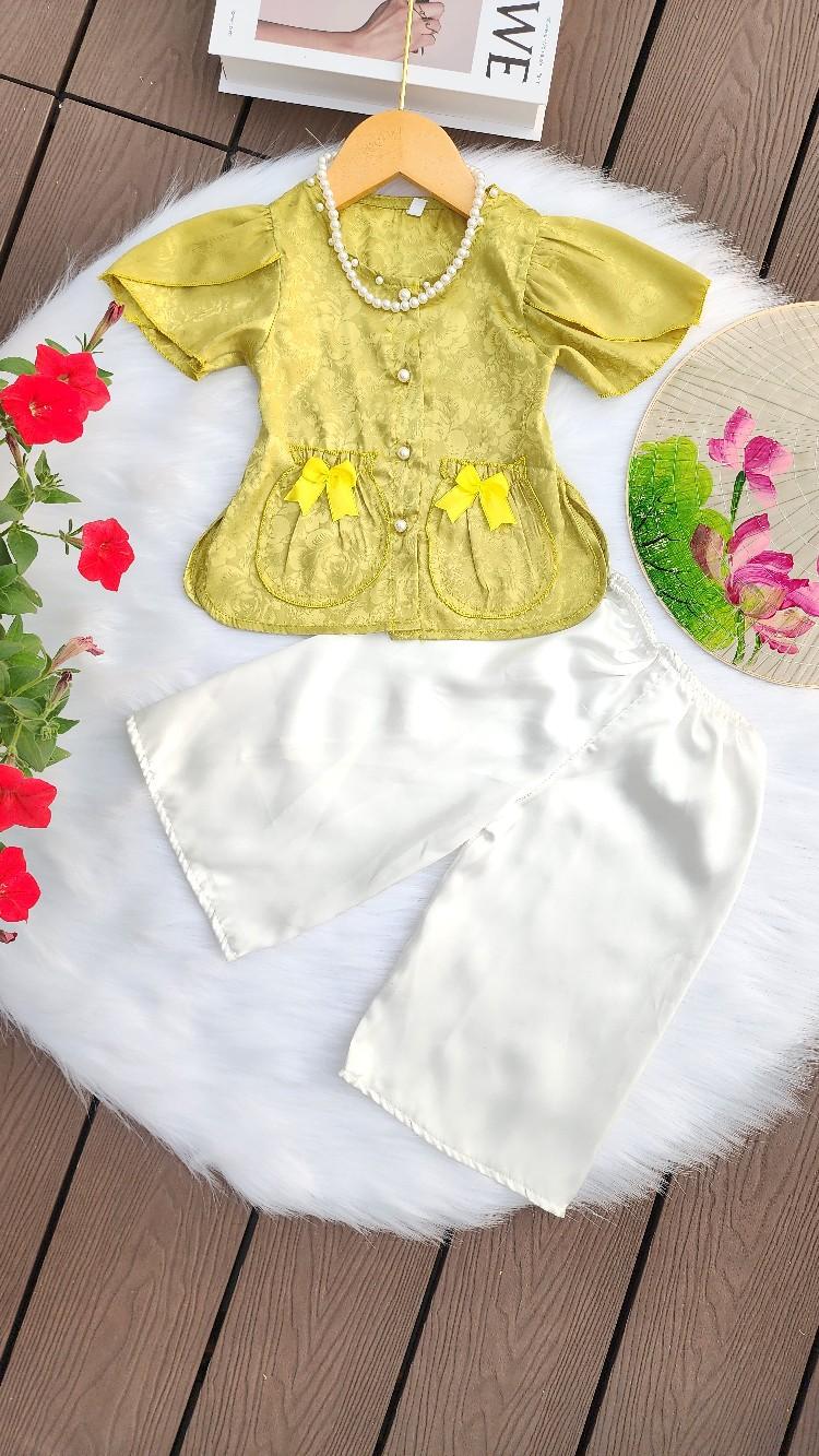 Product Introduction of (9-38kg) Bộ bà ba gấm A1 tay cánh tiên đính nút ngọc có túi + quần lụa bóng mềm 14
