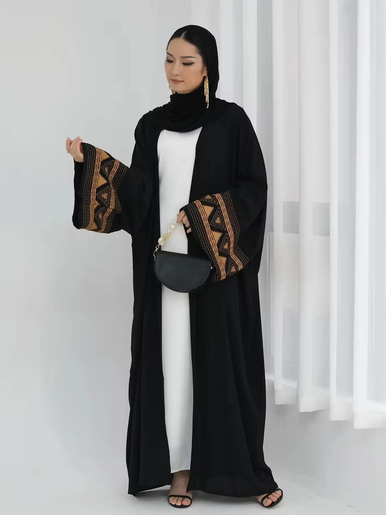 Women's Colorblock Patchwork Print Embroidery Abaya, Elegant Bat Sleeve Open Front Abaya for Daily Wear, Women's Islamic Clothing for Fall & Winter