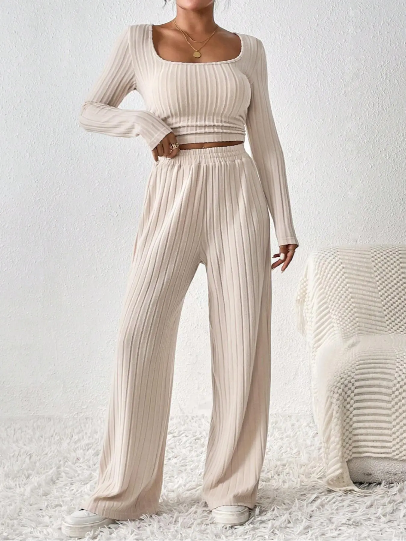 Two-piece Set Women's Solid Ruched Long Sleeve Square Neck Ribbed Crop Top & Elastic Waist Pants, Casual Fashion Cozy Outfits for Daily Outdoor Wear, Women Lounge Clothes for Spring Fall, Rave 2 Piece Set, Tall Trousers