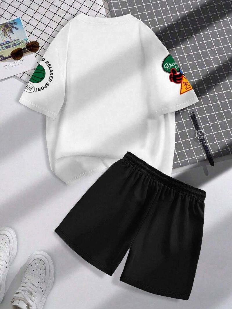 Product Introduction of Men's Letter Print Short Sleeve Tee & Shorts Two-piece Set, Regular Fit Round Neck T-shirt & Track Shorts, Casual Fashion Cozy Breathable Men Two-piece Outfits for All Seasons 8