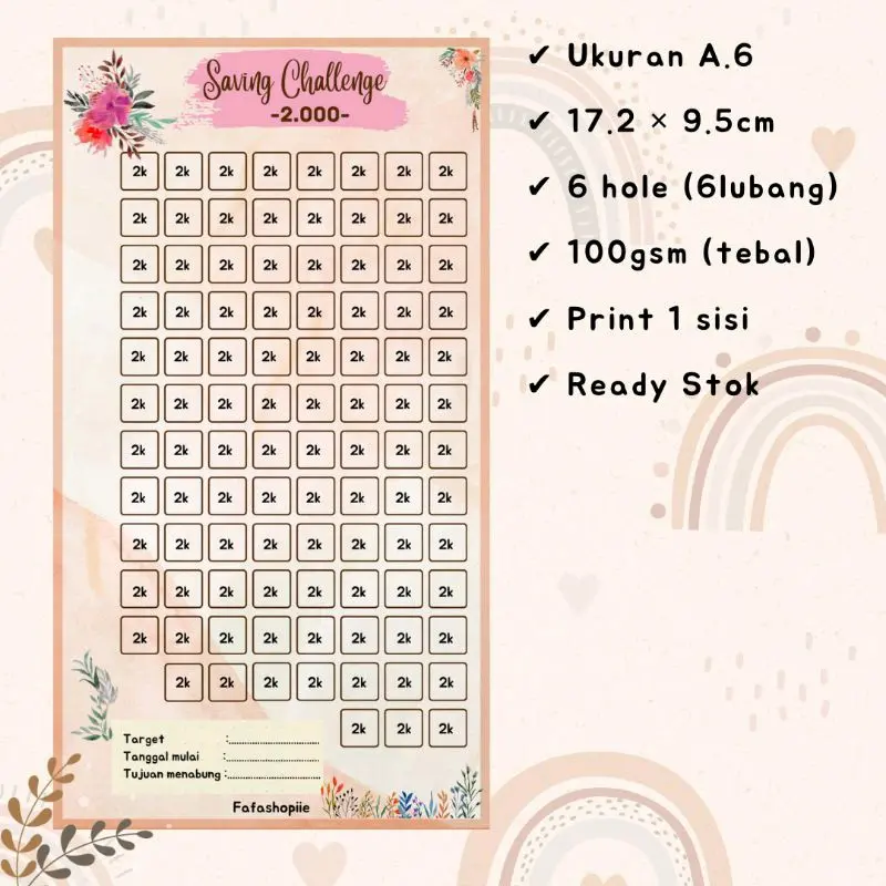 Saving Challenge A6 Ring 6 Lubang / Isi 6 Lembar Bundle 6 Pcs Sticker 0