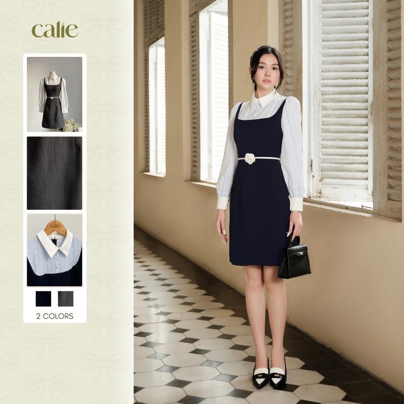 Váy Dáng Yếm Phối Đai Eo Vải Chéo Ý Phối Thô Hàn Kết Hợp Vải Xước Hàn CALIE VA433 Đầm Dự Tiệc Tôn Dáng, Thanh Lịch, Phù Hợp Đi Làm, Dự Tiệc Sang Chảnh Nữ Tính