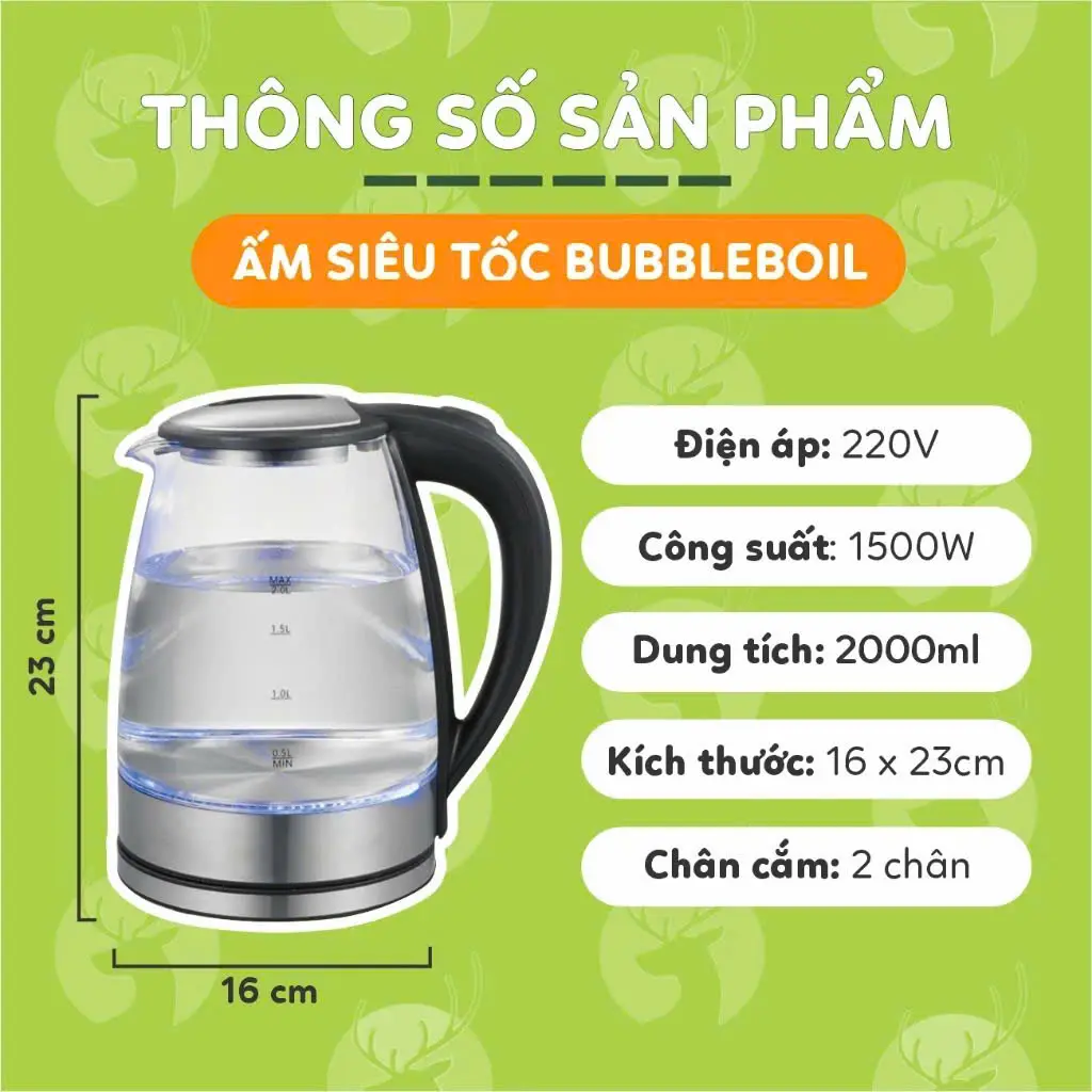Ấm Siêu Tốc Thủy Tinh 2 Lít , Bình Đun Nước Siêu Tốc Trong Suốt , Ấm Đun Nước Pha Trà Có Đèn