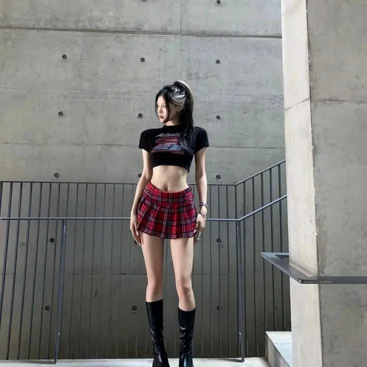【High waisted pleated skirt】JK Preppy Style Short Red Plaid Sweet and Spicy Style Pleated Plaid Skirt American High Waist A- line Hot Girl Half-Length Miniskirt Female Chinese Clothing Women's Clothing Women's Clothing Mini Draped Dress.