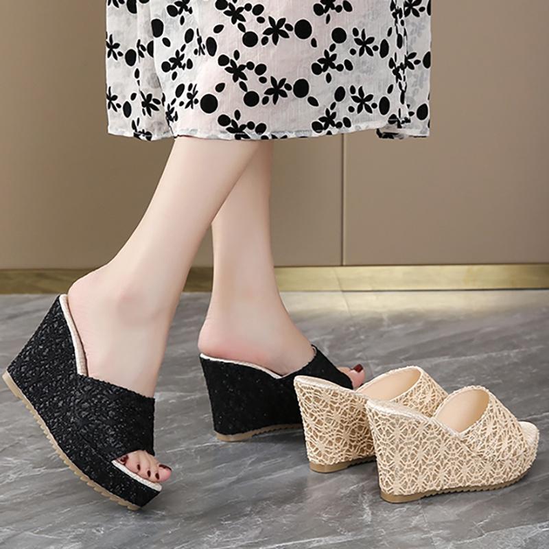 Product Introduction of 23S 2024 Women Slippers High-Heeled Fashion Wear-Resistant Non-Slip 10cm Wedge Sandals Comfortable Outerwear 35-42 19
