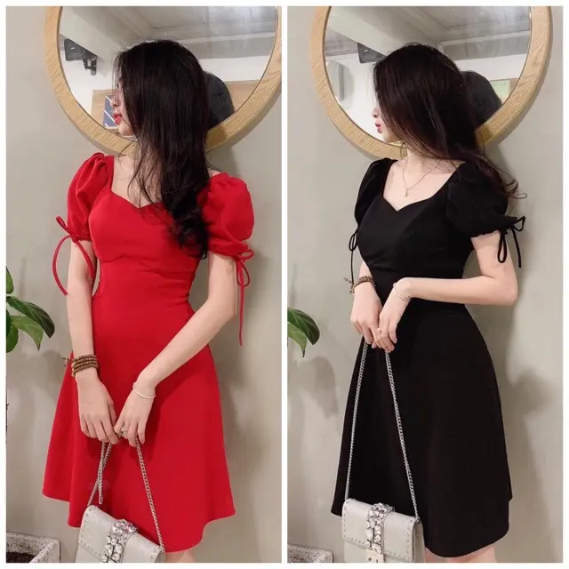 Đầm dự tiệc váy cổ V tay nơ 2 màu, váy dự tiệc, váy đỏ dạo phố