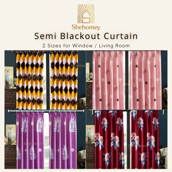 SHEHOMEY Langsir Colourful Pattern Semi Blackout Curtain Modern Design Cangkuk/ Rod/ Dawai Curtains Fabric