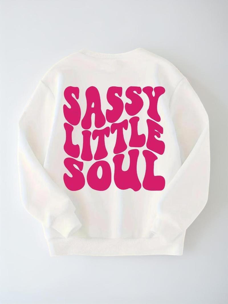 Product Introduction of 【2025】Girl's " Sassy Little Soul" Letter Print Drop Shoulder Sweatshirt, Fashion Crew Neck Long Sleeve Pullover,  Girls Clothing, Plz Purchase A Size Up, Clothes for Women, Balkan, Kawaii Clothing, Cute Winter Outfits, Sweatshirts for Women 5