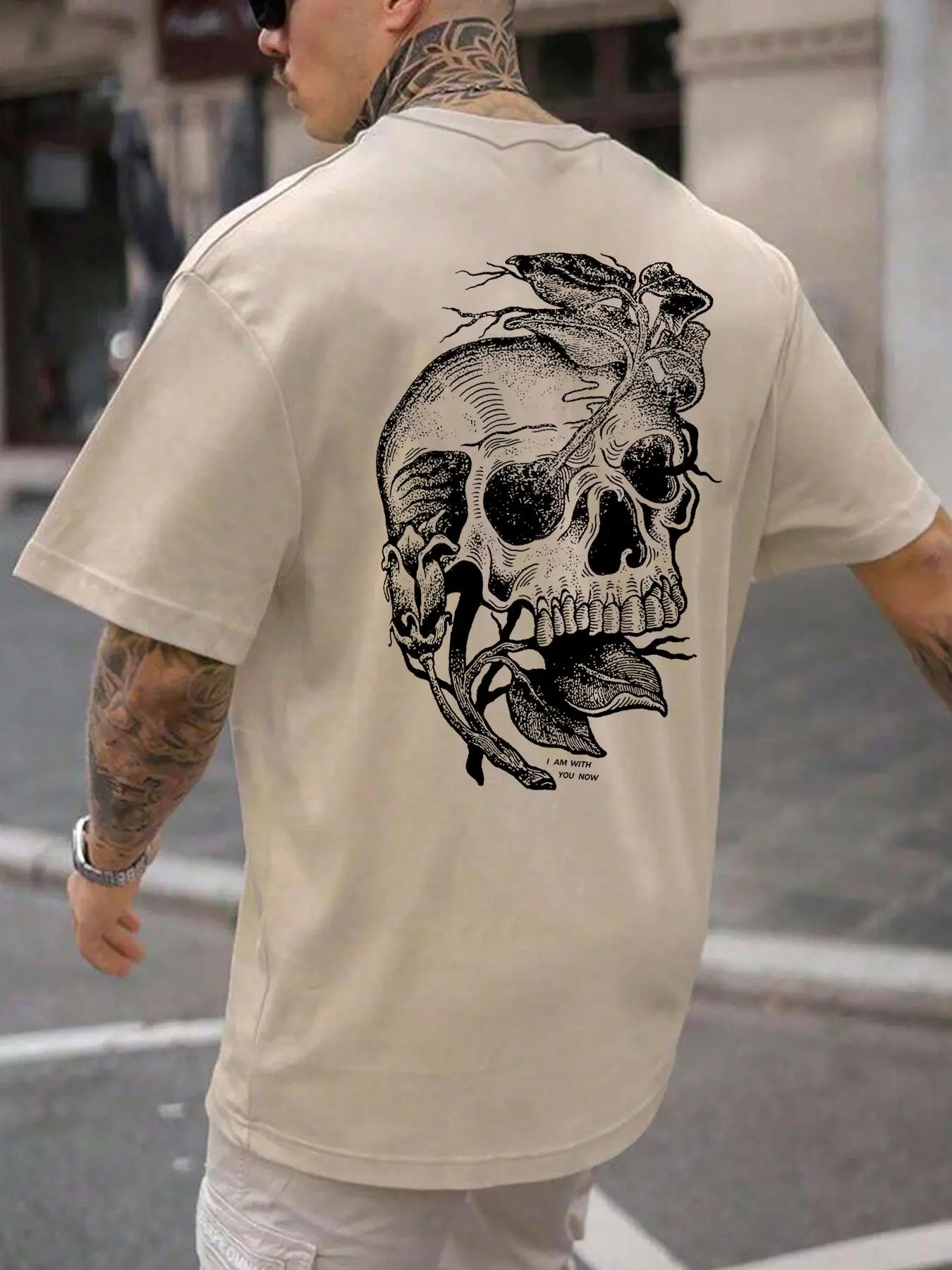 Halloween Regular Fit Skull & Leaf Print Round Neck Tee, Punk Street Soft Comfy Short Sleeve T-shirt for Daily Wear, Casual Men's Clothes for Summer