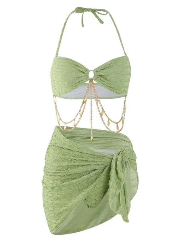 Đồ bơi bikini set 3 món phối phụ kiện Chiếc Lá áo cúp ngực kèm khăn quấn sexy Lanbi 1