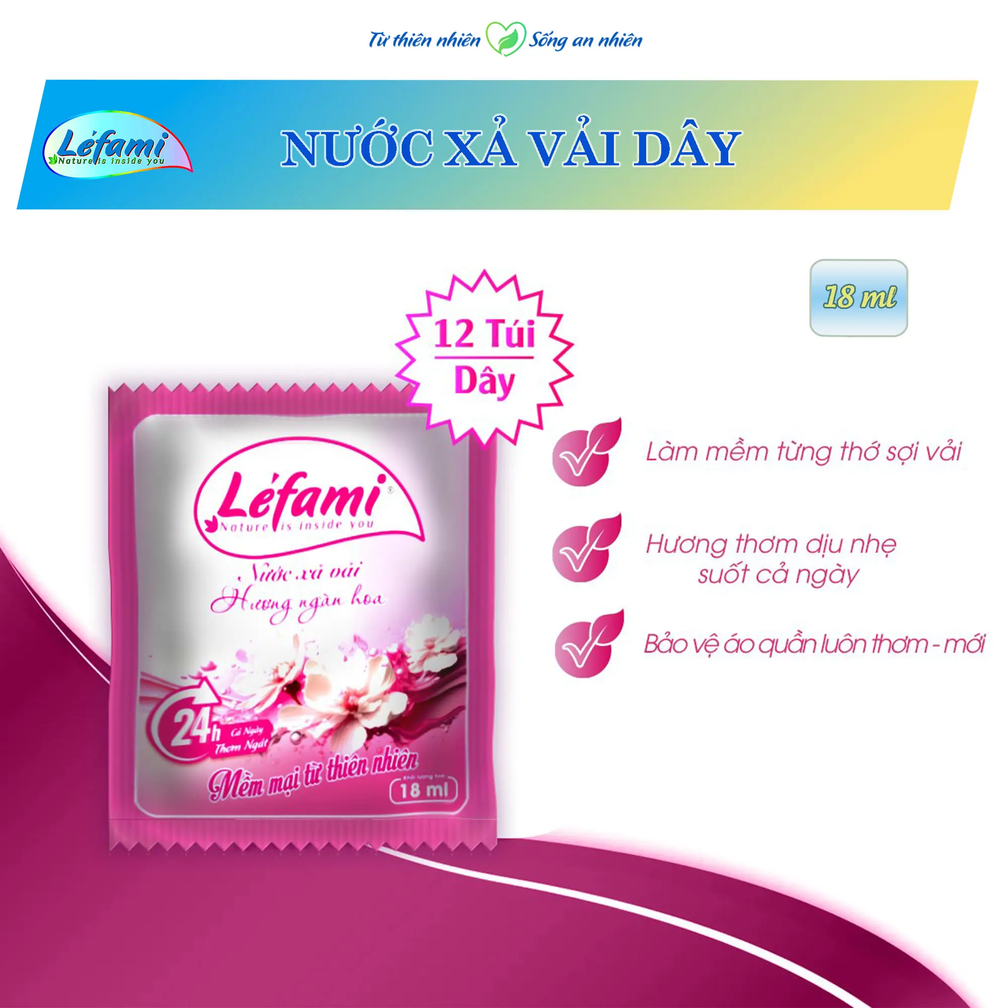 Nước xả vải Le'fami Dây 10 gói 18ml nhỏ gọn tiện dụng làm mềm sợi vải Làm Sạch