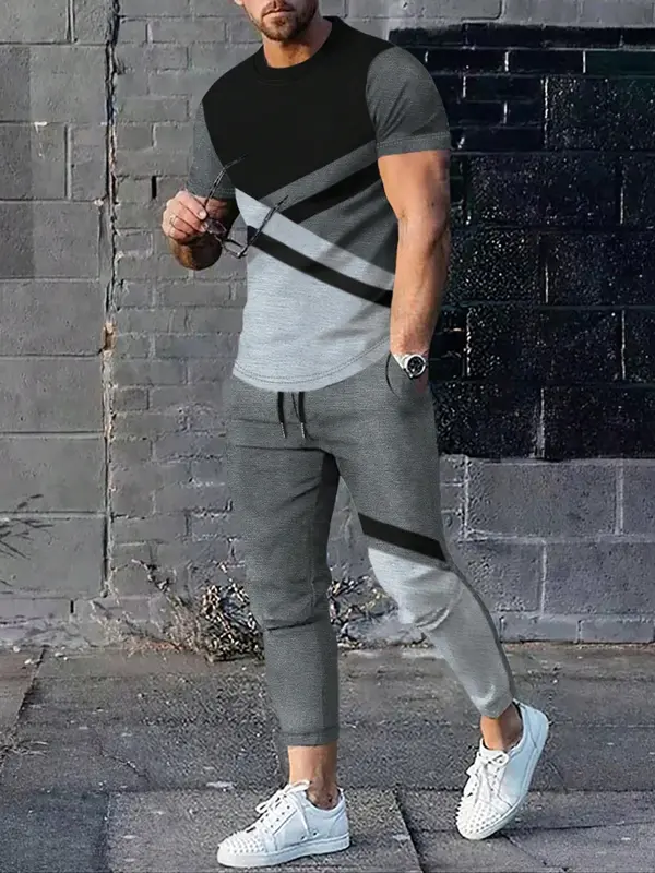 Two-Piece Set Men's Colorblock Print Round Neck Tee & Drawstring Waist Pants, Regular Fit Short Sleeve T-shirt & Pocket Trousers, Men's Clothes for Daily Wear, Menswear 3