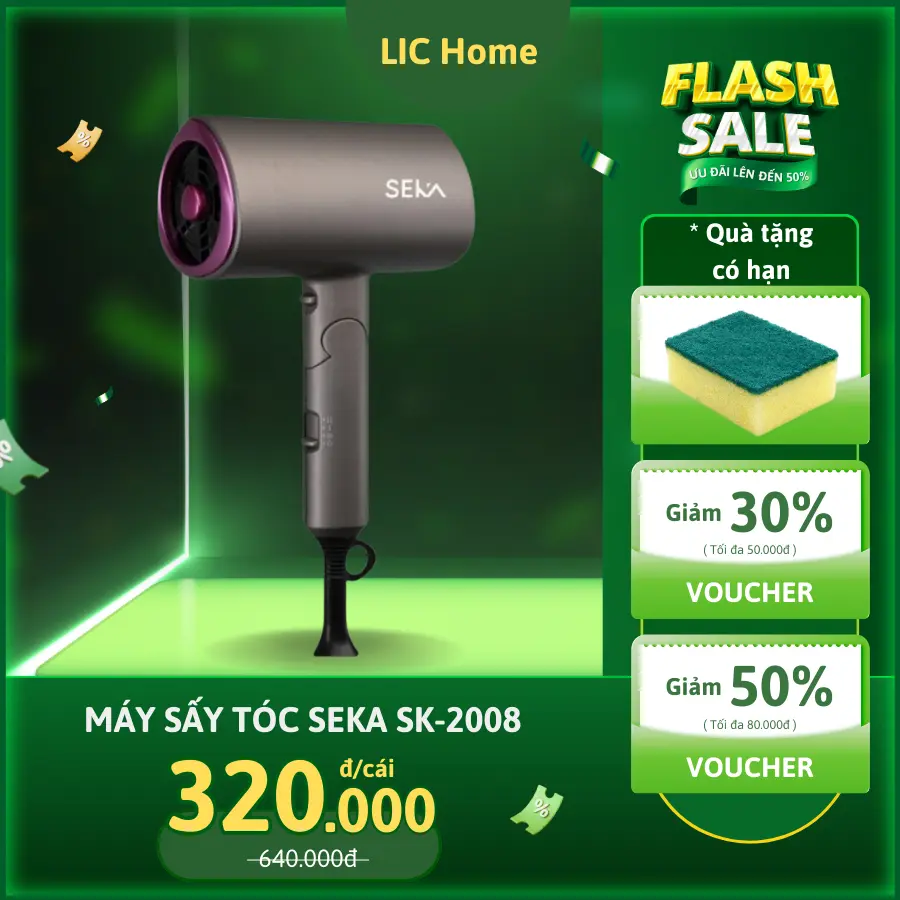 Máy Sấy Tóc Seka SK2008 Công Suất 2200W Mini Gấp Gọn Cao Cấp, Sấy Tạo Kiểu Ion Âm Chống Khô Tóc Bảo Hành Chính Hãng